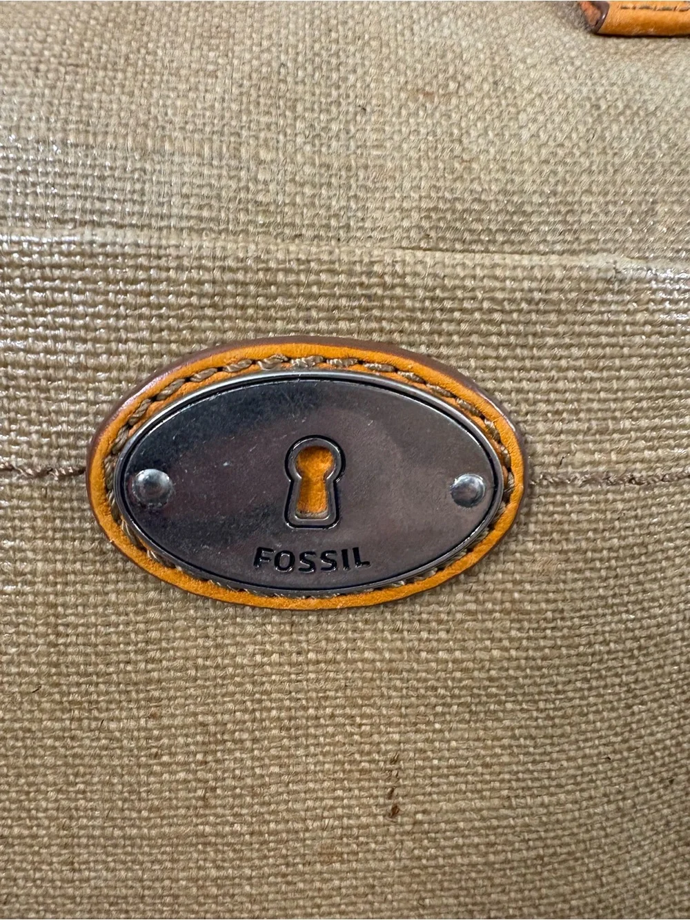 Fossil Tan Canvas Tote with Leather Trim and Multicolor Woven Strap